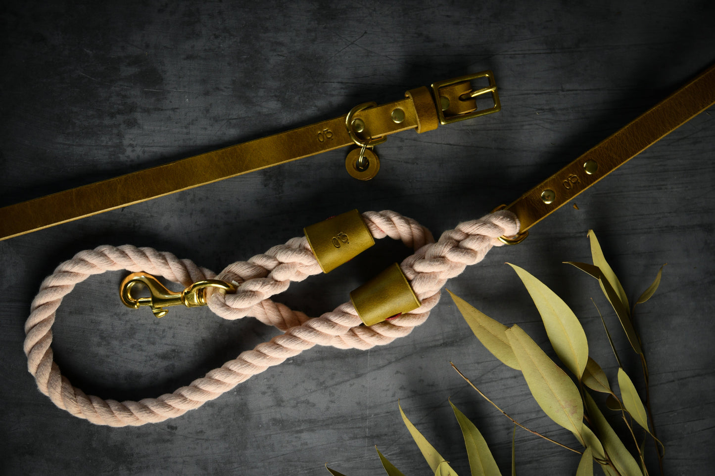 Handcrafted Pastel Pink Lead and Personalised Collar Set with Leaf Green Leather.