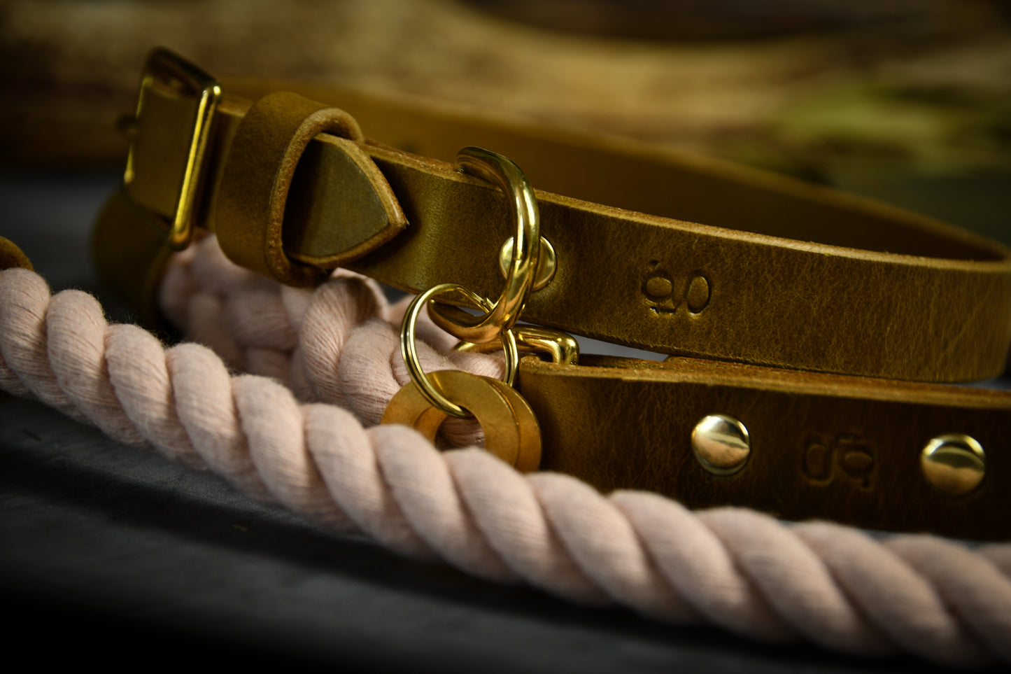 Handcrafted Pastel Pink Lead and Personalised Collar Set with Leaf Green Leather.