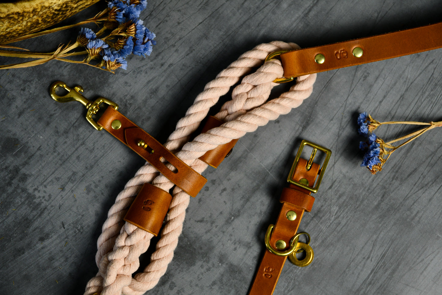 Handcrafted Pastel Pink Lead and Personalised Collar Set with Tan Leather