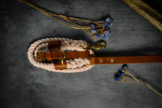 Handcrafted Pastel Pink Lead and Personalised Collar Set with Tan Leather