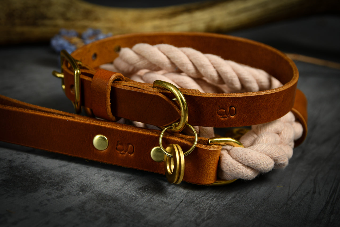 Handcrafted Pastel Pink Lead and Personalised Collar Set with Tan Leather