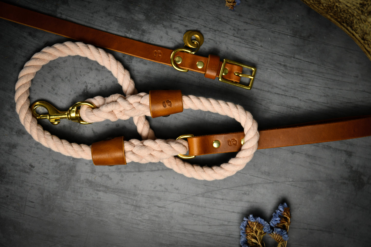 Handcrafted Pastel Pink Lead and Personalised Collar Set with Tan Leather