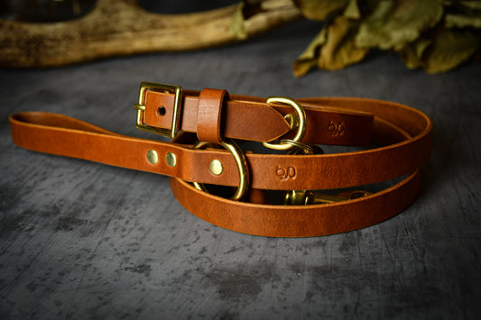 Handcrafted Light Tan Leather Lead and Personalised Collar Set