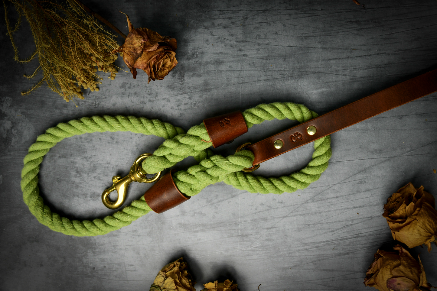 Olive Green Dog Lead with Chestnut Leather