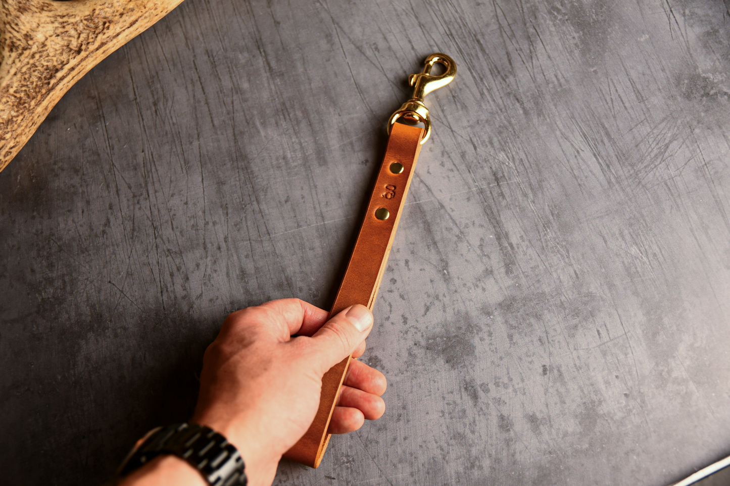 Handcrafted Leather Traffic Handle Dog Lead in Light Tan.